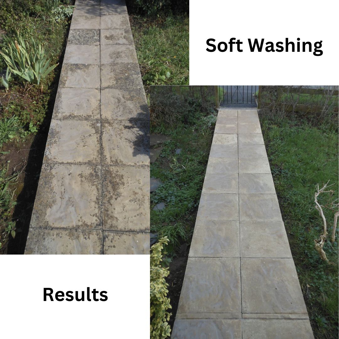 Before and after soft washing images - patio slabs