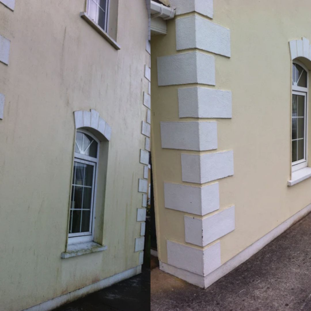 Soft washing before and after results on a building fasade