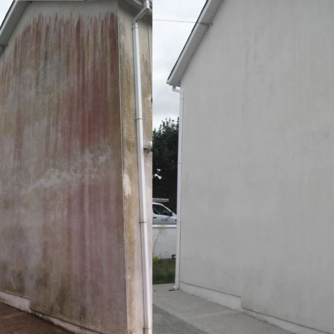 Soft washing before and after results on a wall