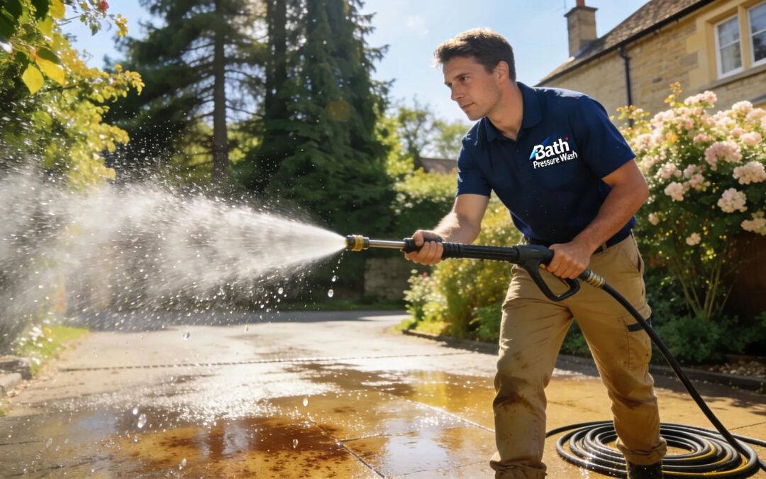 Pressure washing technician cleaning a residential driveway in Bath, showcasing effective services and value.