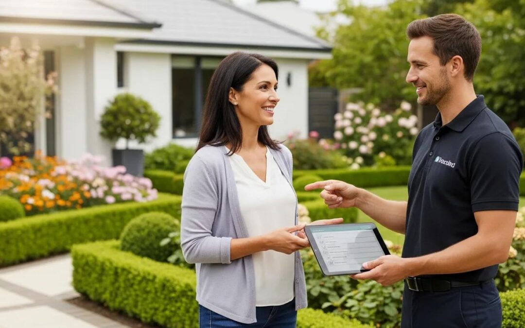 Homeowner discussing property maintenance costs with a professional in a sunny garden setting