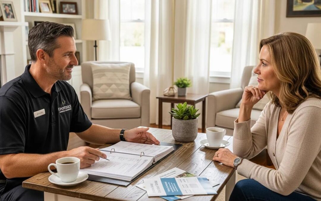 Property caretaker and owner discussing service fees in a home setting